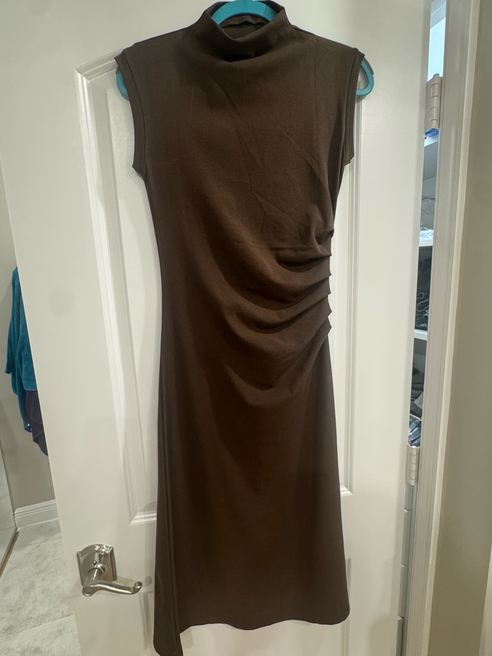 OGL Mock Neck Tucks Midi Dress Espresso Brown Sleeveless Size Small